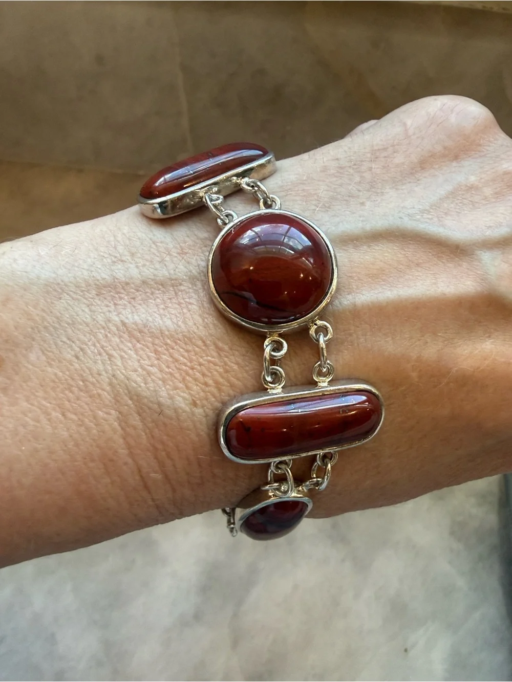 Artisan Red Jasper Cabochon Gemstone Link Bracelet In Sterling Silver